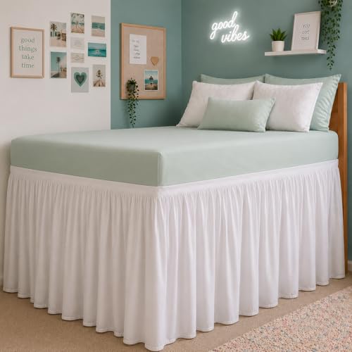 Twin XL Wrap Around Bed Skirt - 42 Inch Drop Elastic Dust Ruffle (White)