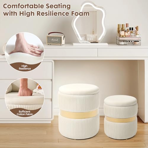 Set of 2 Round Velvet Storage Ottomans with Removable Lids, White