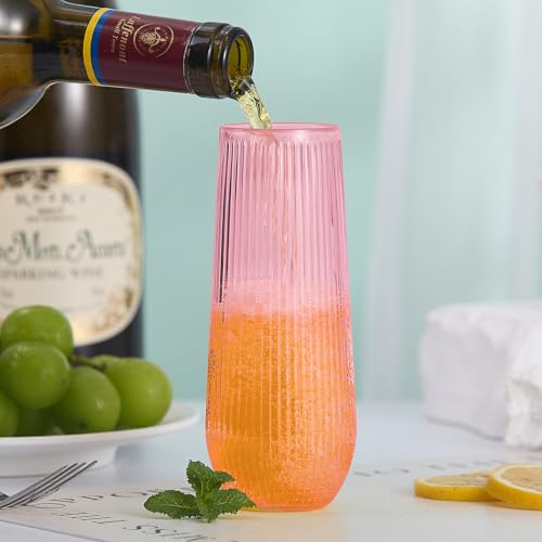 48 Pack Pink Ribbed Plastic Champagne Flutes - Stemless Disposable 9 Oz Shatterproof Recyclable BPA-Free for Weddings & Parties