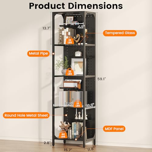 4-Tier LED Display Case with Pegboard Back, 59-Inch Tall Glass Shelf