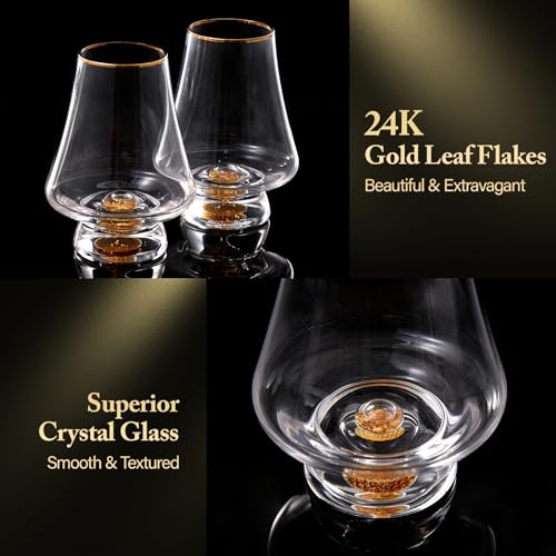 DUJUST Crystal Snifter Glasses Set of 2 (8oz) - Gold Leaf Flakes & Handcrafted Rim, Luxury Whiskey & Brandy Glasses for Spirits, Gift Box Included