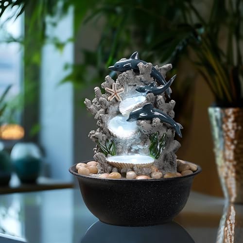 Indoor Dolphin Tabletop Water Fountain with LED Light & River Rocks
