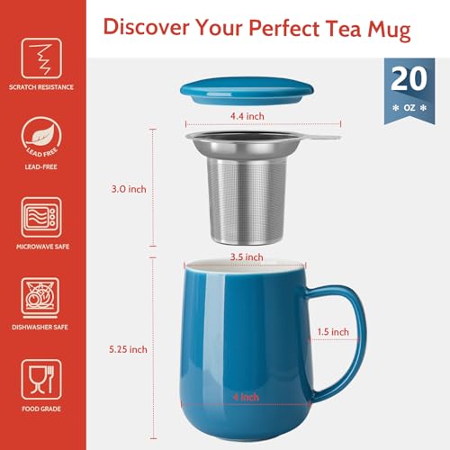 Sweese Steel Blue Porcelain 20oz Tea Mug with Infuser & Lid - Microwave Safe
