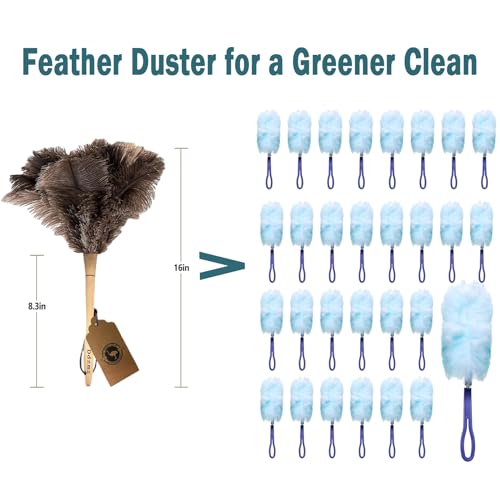 Natural Ostrich Feather Duster with Wooden Handle, 16" Soft Cleaning Brush