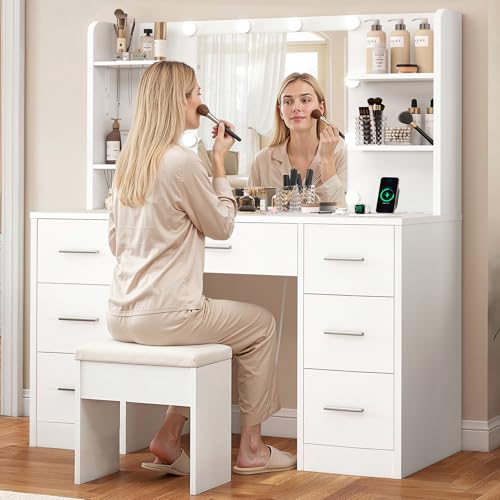 White Vanity Desk with LED Mirror, Charging Station and 7 Drawers