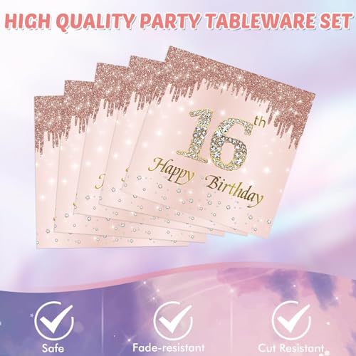 Sweet 16 Birthday Party Decorations Set, Rose Gold Plates and Napkins Kit
