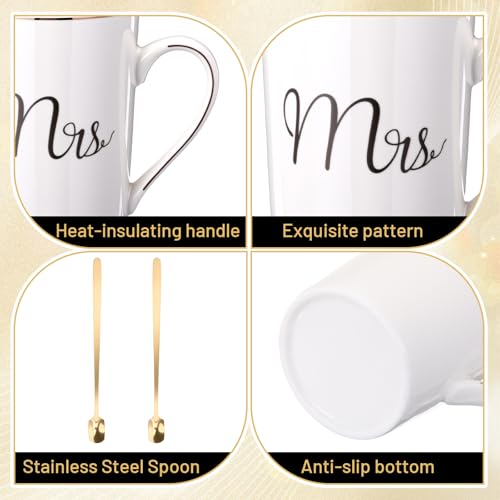 Mr & Mrs Coffee Mug Warmer Set - 14oz Ceramic Cups in Black & White (2 mugs, 2 warmers, 2 lids, 2 spoons) by Acellegic