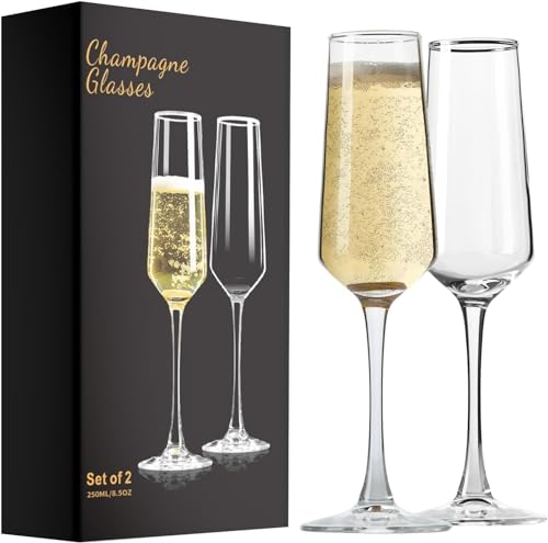 Clear Glass Champagne Flutes - 8.5 oz Stemware Set of 2