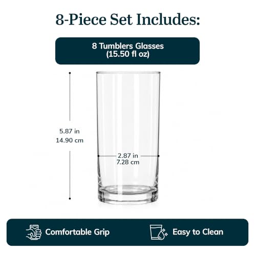Libbey Heavy Base Drinking Glasses Set of 8, 15.5 oz Clear Water Cups