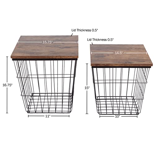 Nesting End Tables Set of 2 - Square Wood Top Side Tables with Storage Baskets