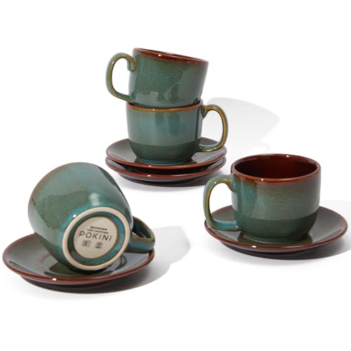 Pokini Sage Green Stoneware Coffee Cups & Saucers Set of 4, Espresso Mug Set