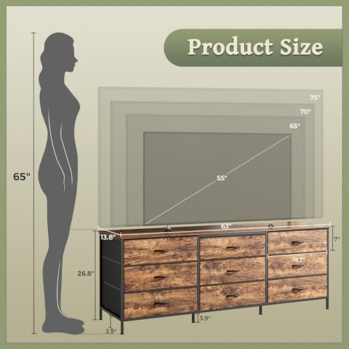 63-Inch Wide Dresser with 9 Fabric Drawers, Rustic TV Stand for Bedroom