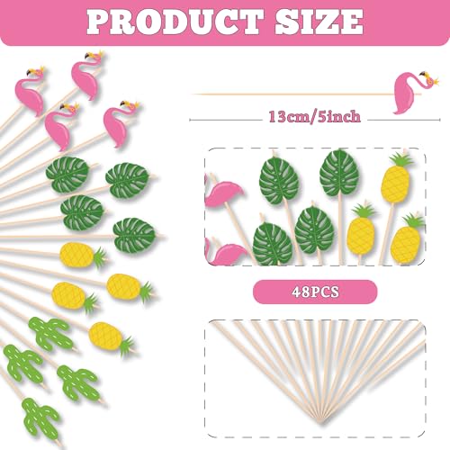 OHOME Luau Party Decorations - 48 Tropical Cocktail Picks with Flamingo, Pineapple & Cactus Designs