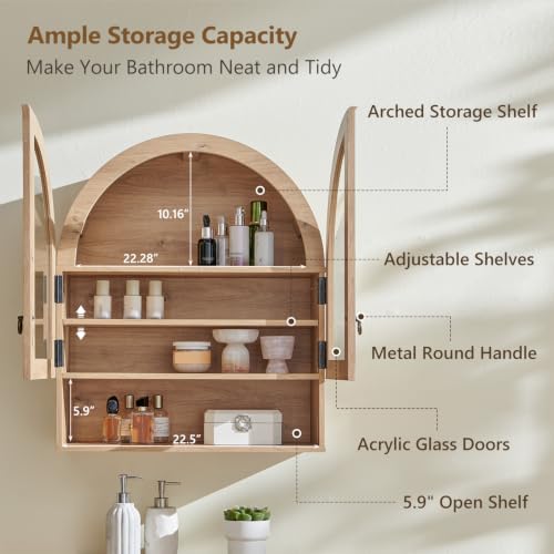 24-Inch Arched Bathroom Wall Cabinet with Adjustable Shelves, Natural Oak