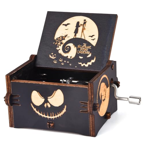 Engraved Wooden Hand-Crank Music Box - Halloween Themed Melody Gift