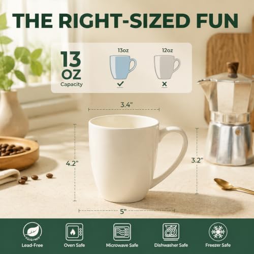 Set of 6 White Porcelain Coffee Mugs 13oz - Microwave & Dishwasher Safe