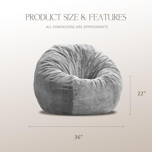 3FT Giant Bean Bag Chair for Adults, Memory Foam Grey Lounge Sofa