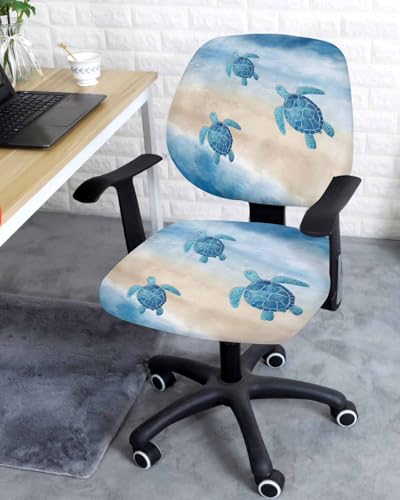 Stretchable Blue Coastal Turtle Office Chair Cover Set