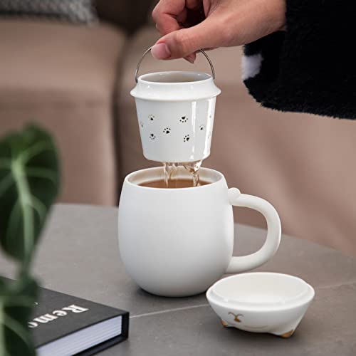 White HEER Cat Ceramic Tea Mug 13.5oz with Infuser & Lid - Cute Cat Design