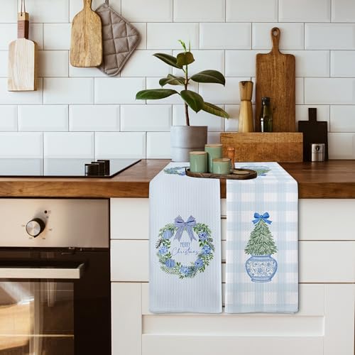 XNXLDYLH Chinoiserie Christmas Wreath Kitchen Towel Set - 2 Blue & White Holiday Dishcloths, 16x24 inches