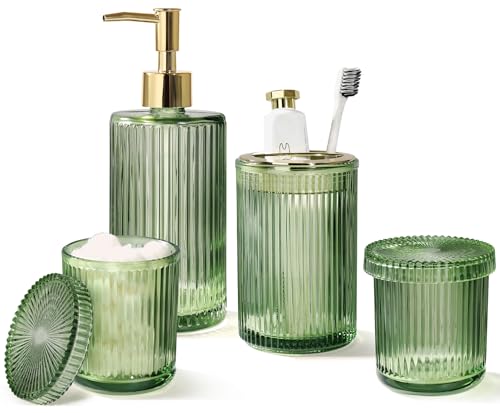 4-Piece Green Glass Bathroom Accessory Set, Vintage Ribbed Soap Dispenser