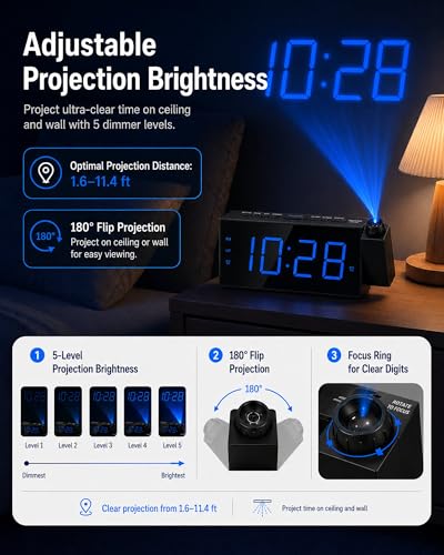 Projection Alarm Clock with 7" Blue LED Display and USB Charging Port