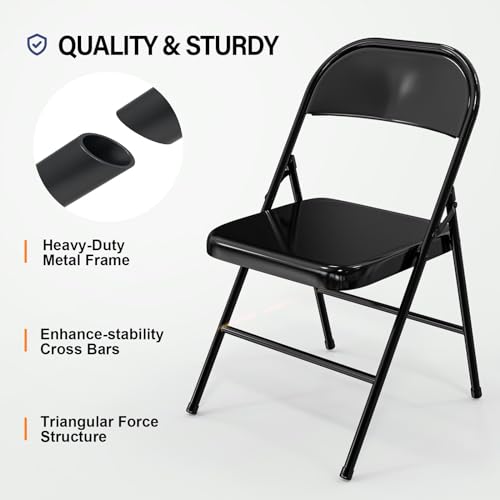 Heavy Duty Folding Chairs - All Steel Metal Frame, 350 lb Capacity, Set of 4