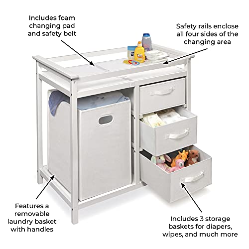 Baby Changing Table with Laundry Hamper and 3 Storage Baskets - White
