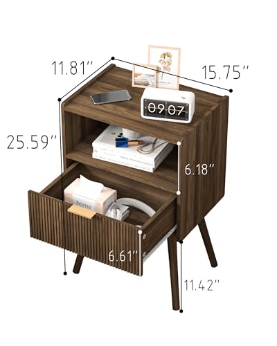 Modern Bedside Table Nightstand with Drawer and Open Shelf - Walnut Brown