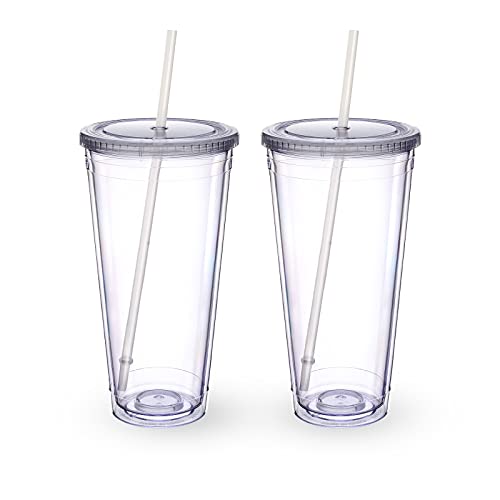 32 oz Double Wall Insulated Tumbler with Lid and Straw, 2 Pack Clear Cup