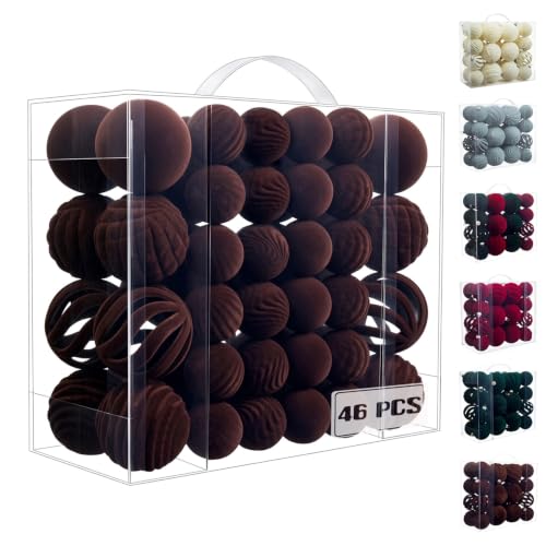 PEACELOVER 46pcs Velvet Flocked Christmas Ornaments Set - Brown, 3 Sizes