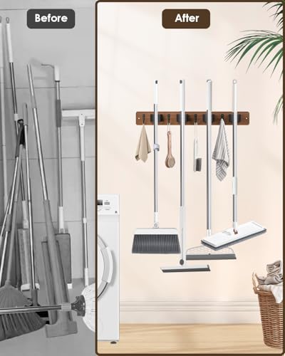 Wooden Broom Holder Wall Mount - 4 Clamps and 4 Hooks Mop Organizer