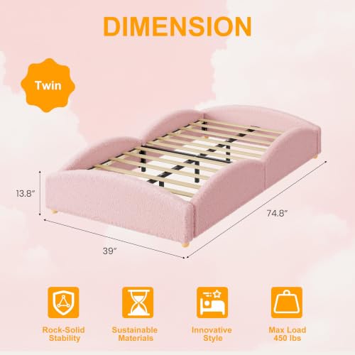 Twin Size Teddy Fabric Floor Bed Frame with Padded Sides - Pink