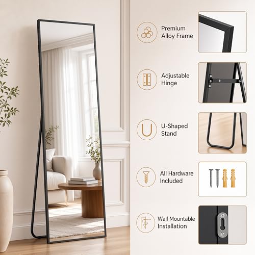 Full Length Floor Mirror with Stand, 56" x 14" Black Aluminum Frame Mirror