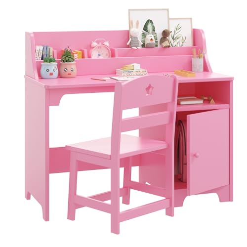 Kids Wooden Desk and Chair Set with Hutch Storage for Study Room