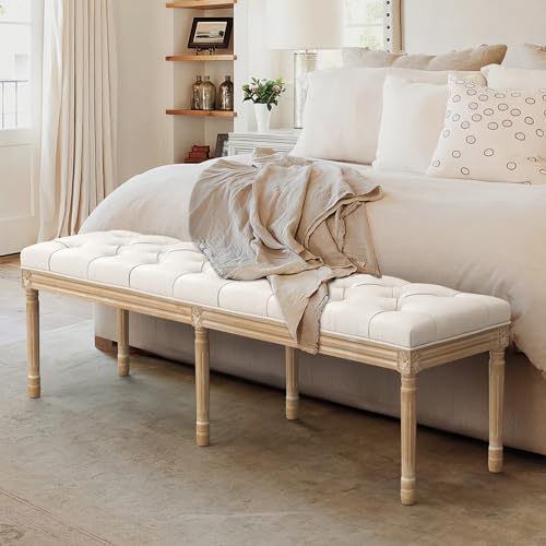 60-Inch Upholstered Tufted Bedroom Bench with Carved Wooden Legs, Beige