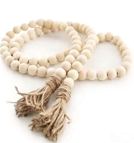 58-Inch Farmhouse Wood Bead Garland with Tassel for Boho Home Decor