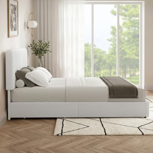 Full Size Velvet Upholstered Platform Bed Frame with 4 Storage Drawers, White