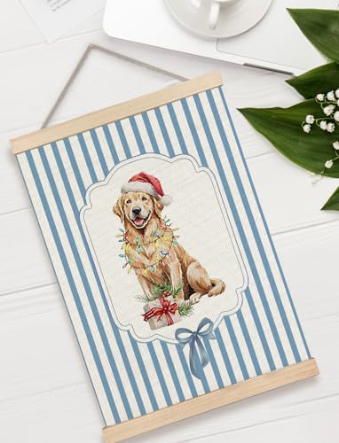GDJIEGBC Funny Christmas Golden Retriever Wall Art Decor - Blue Stripes, 12x16 Inches, Variation 3