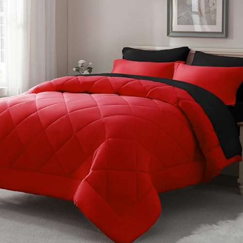 ELNIDO QUEEN Red & Black King Size Bed in a Bag 7-Piece Bedding Set All Season