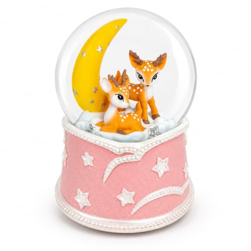 Pink Deer Snow Globe Music Box with Glowing Moon and Stars