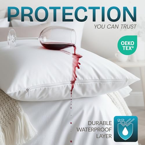 Waterproof Queen Pillow Protectors, Zippered Jersey Knit Covers - Set of 4