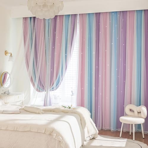 Blackout Star Curtains for Kids Bedroom - Pink & Purple 63-Inch Drapes