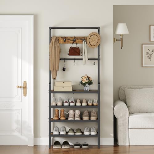 Industrial Hall Tree with 4-Tier Shoe Rack and 10 Hooks - Entryway Storage