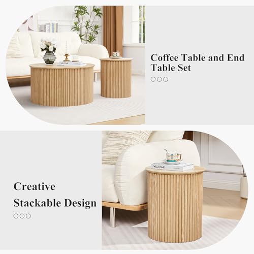 Fluted Round Nesting Coffee Table Set of 2, Modern Wood Center Tables