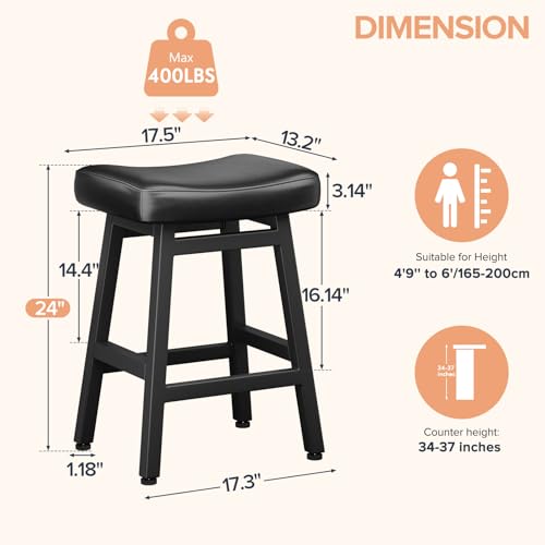 24-Inch Counter Height Bar Stools - Set of 2 Bonded Leather Saddle Stools