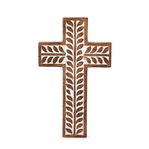 Handcrafted Mango Wood Catholic Wall Cross with Floral Carvings, 10-inch