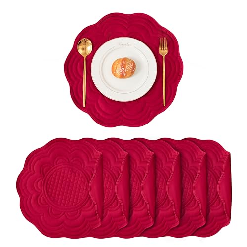 Loom and Mill Christmas Red Quilted Round Placemats Set of 6, 15-inch
