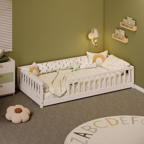 Twin Montessori Floor Bed Frame with Guardrails, Solid Wood Kids Bed