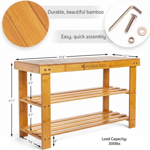 3-Tier Bamboo Shoe Rack Bench, Heavy-Duty Entryway Storage Organizer